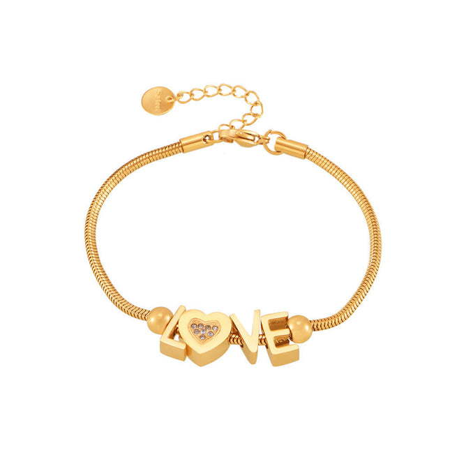 Cross-border hot-selling gold letter LOVE bracelet love heart inlaid with diamonds, stainless steel plated 18K gold temperament hand ornament for girlfriend