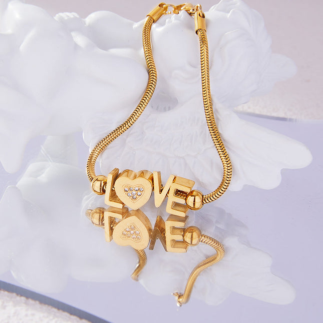 Cross-border hot-selling gold letter LOVE bracelet love heart inlaid with diamonds, stainless steel plated 18K gold temperament hand ornament for girlfriend