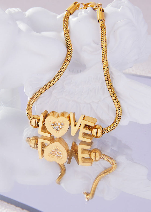 Cross-border hot-selling gold letter LOVE bracelet love heart inlaid with diamonds, stainless steel plated 18K gold temperament hand ornament for girlfriend