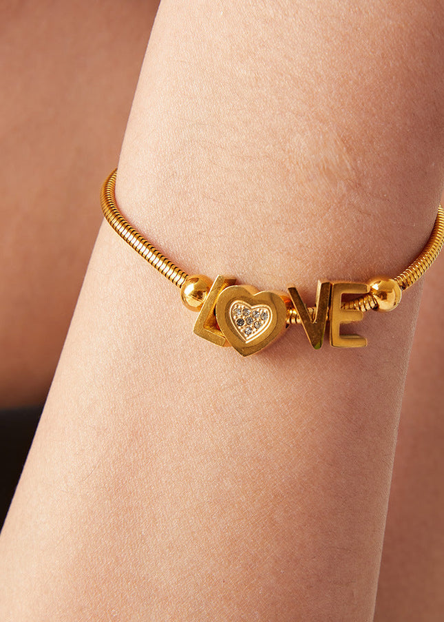Cross-border hot-selling gold letter LOVE bracelet love heart inlaid with diamonds, stainless steel plated 18K gold temperament hand ornament for girlfriend