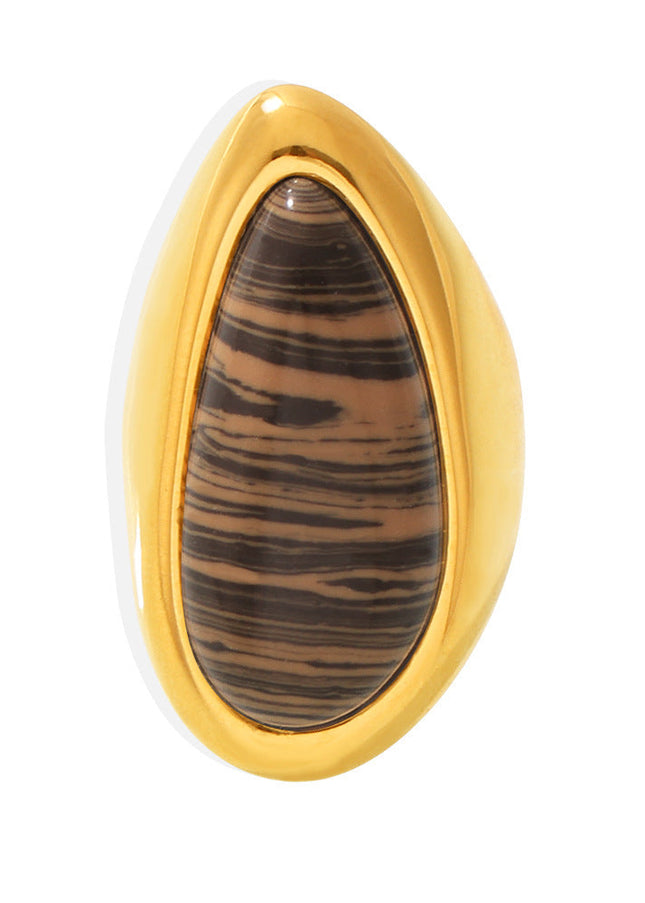 Mi Li natural wood grain stone pear-shaped ring plated 18K real gold Maillard autumn and winter light luxury ring ring ornament in stock