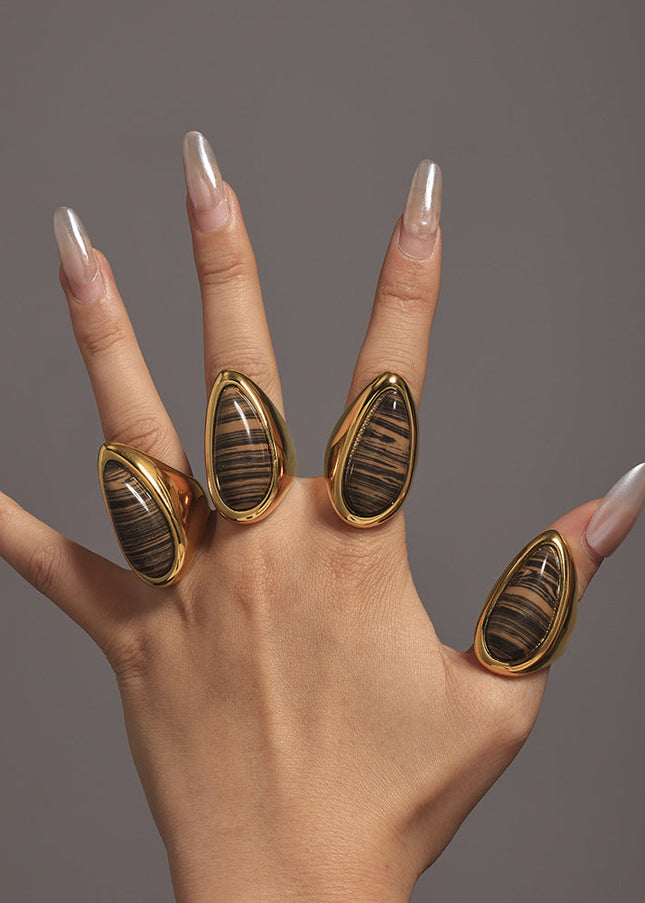 Mi Li natural wood grain stone pear-shaped ring plated 18K real gold Maillard autumn and winter light luxury ring ring ornament in stock