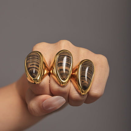 Mi Li natural wood grain stone pear-shaped ring plated 18K real gold Maillard autumn and winter light luxury ring ring ornament in stock