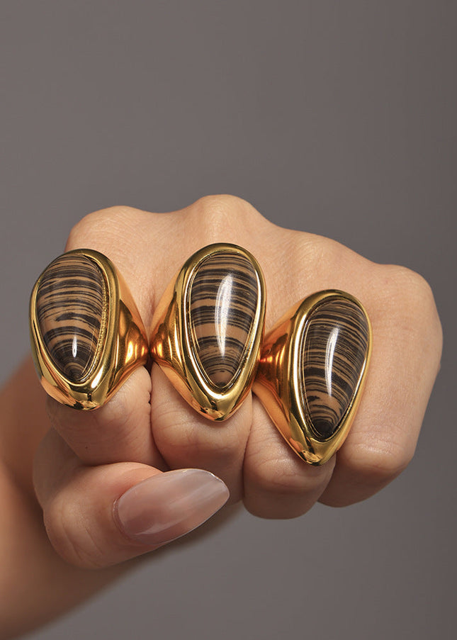 Mi Li natural wood grain stone pear-shaped ring plated 18K real gold Maillard autumn and winter light luxury ring ring ornament in stock