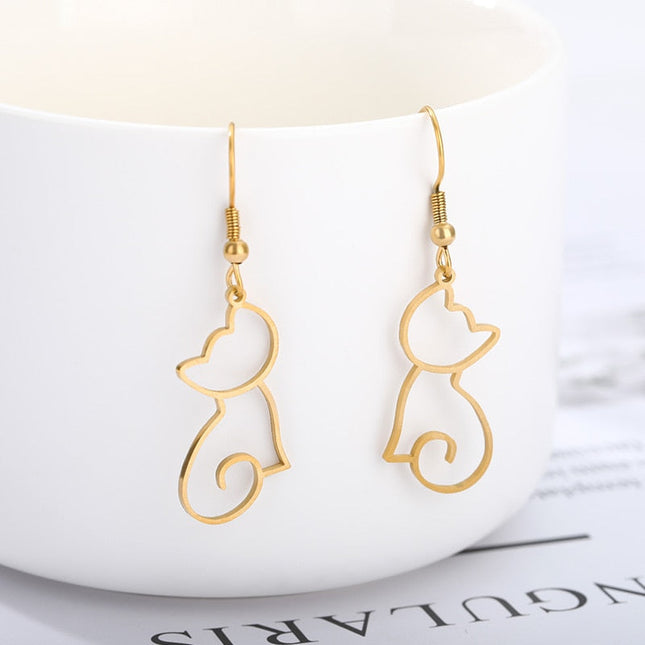 Kitty Earrings | Gold Cat Animal Drop Earrings - Gold - Earrings