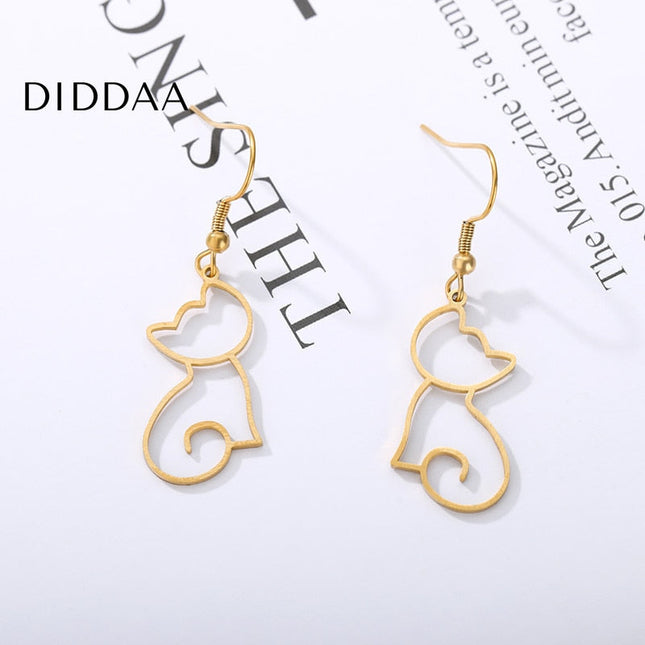 Kitty Earrings | Gold Cat Animal Drop Earrings - Earrings
