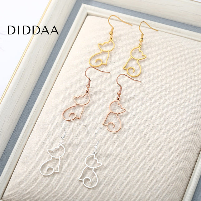 Kitty Earrings | Gold Cat Animal Drop Earrings - Silver - Earrings