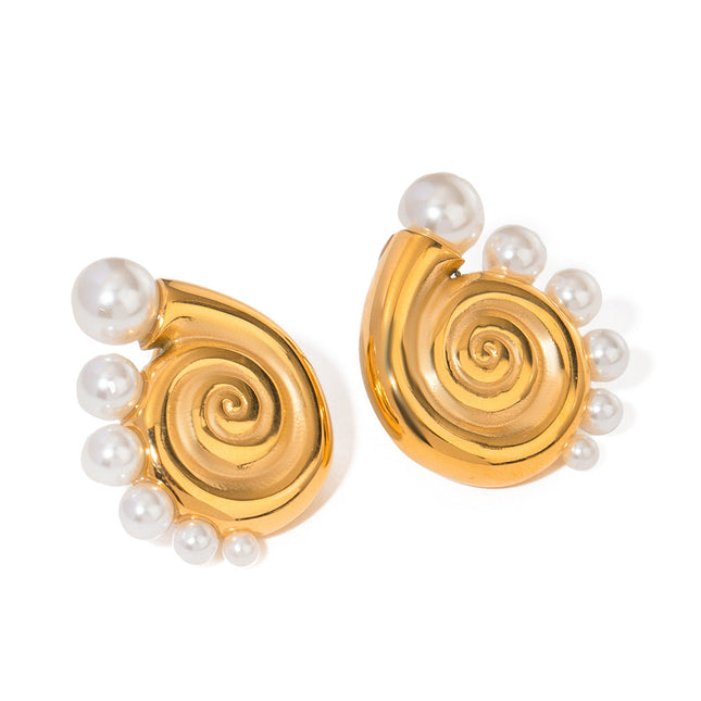 18k gold stainless steel conch earrings women's Europe and America 2024 beach wind conch shell beads titanium steel stud earrings There are left and right sides