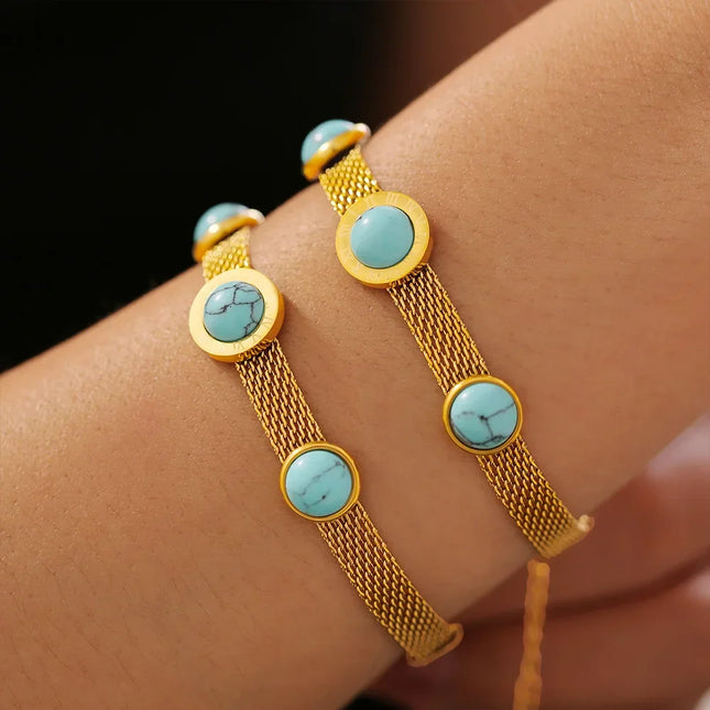 European and American style new wide-face mesh medallion turquoise bracelet retro personality design titanium steel plated 18k gold jewelry