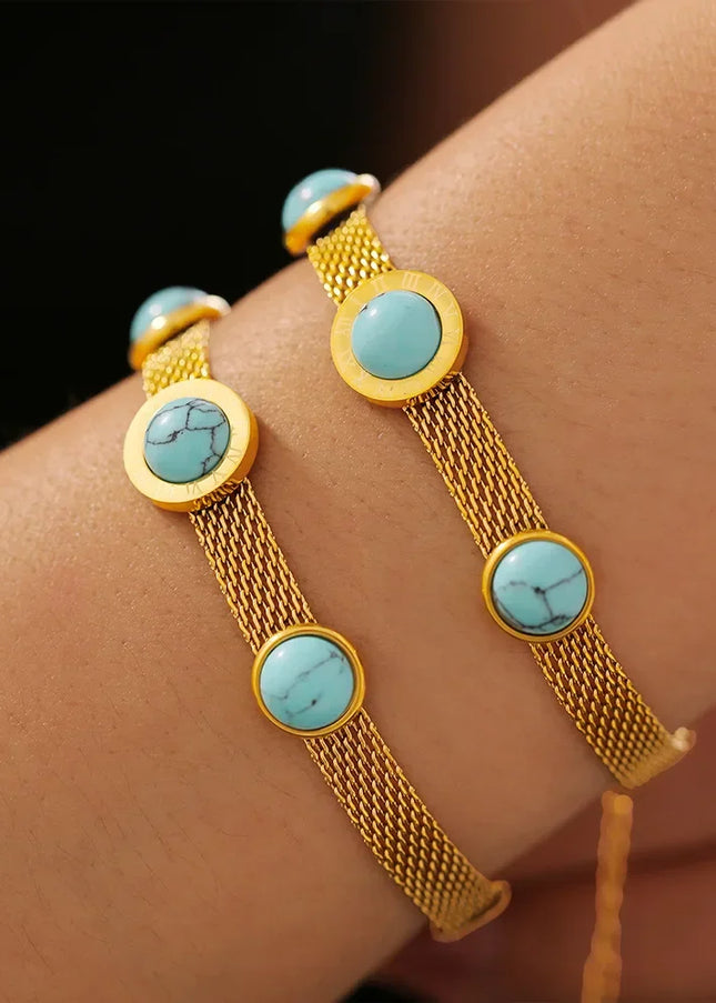 European and American style new wide-face mesh medallion turquoise bracelet retro personality design titanium steel plated 18k gold jewelry