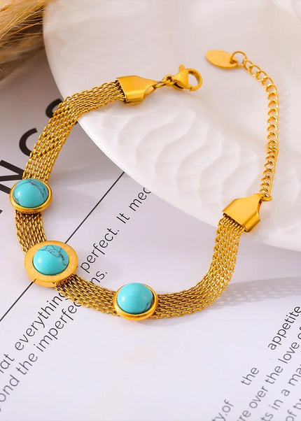 European and American style new wide-face mesh medallion turquoise bracelet retro personality design titanium steel plated 18k gold jewelry