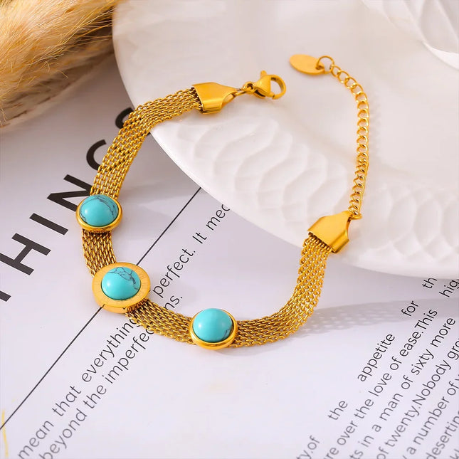 European and American style new wide-face mesh medallion turquoise bracelet retro personality design titanium steel plated 18k gold jewelry