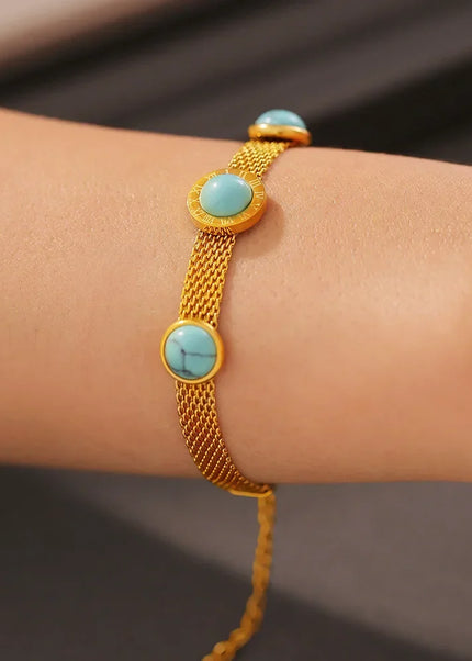 European and American style new wide-face mesh medallion turquoise bracelet retro personality design titanium steel plated 18k gold jewelry