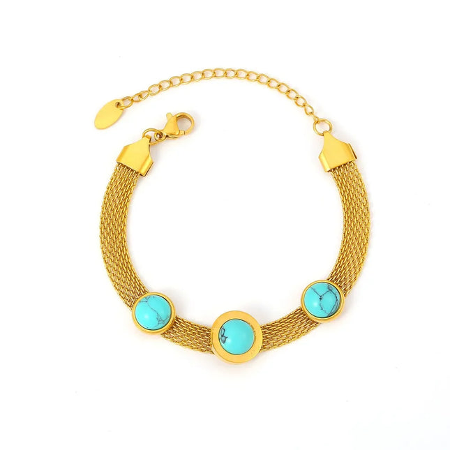 European and American style new wide-face mesh medallion turquoise bracelet retro personality design titanium steel plated 18k gold jewelry
