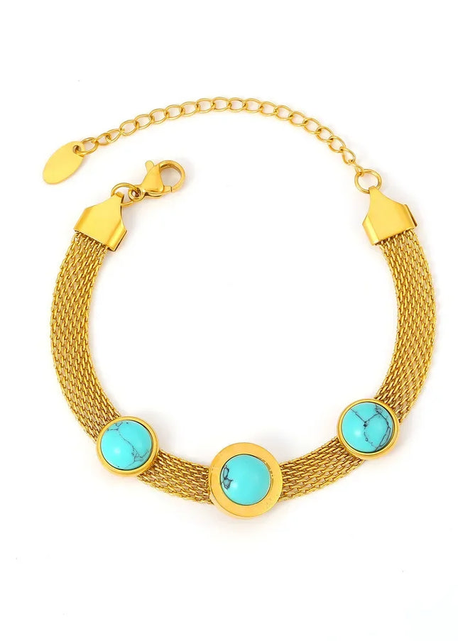 European and American style new wide-face mesh medallion turquoise bracelet retro personality design titanium steel plated 18k gold jewelry