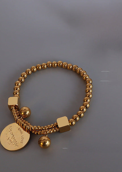Korean Vintage Titanium Steel Bracelet 18K Gold Plated Steel Beads Love Medal Elastic Line Double Stacked Bracelet Hand Jewelry
