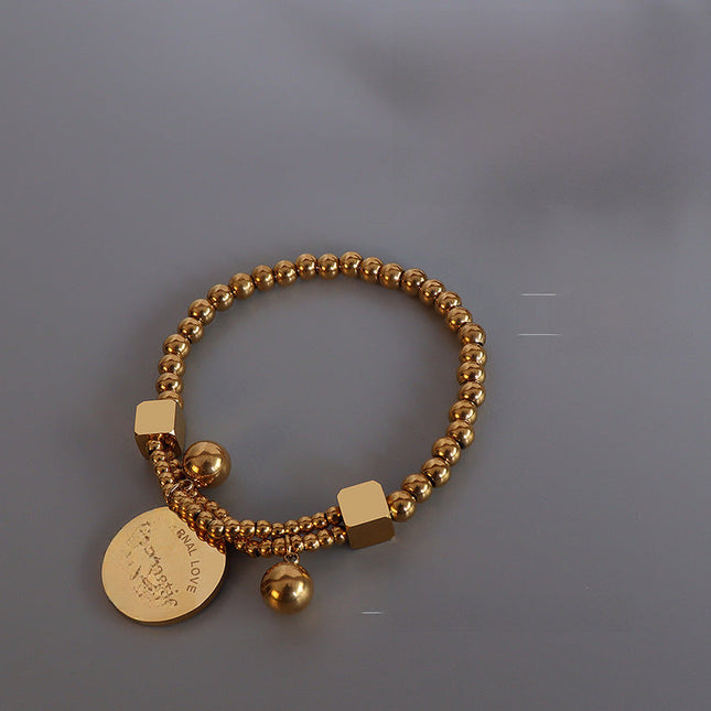 Korean Vintage Titanium Steel Bracelet 18K Gold Plated Steel Beads Love Medal Elastic Line Double Stacked Bracelet Hand Jewelry