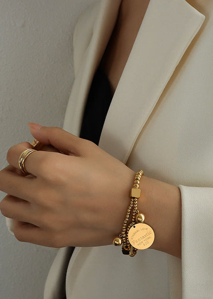 Korean Vintage Titanium Steel Bracelet 18K Gold Plated Steel Beads Love Medal Elastic Line Double Stacked Bracelet Hand Jewelry