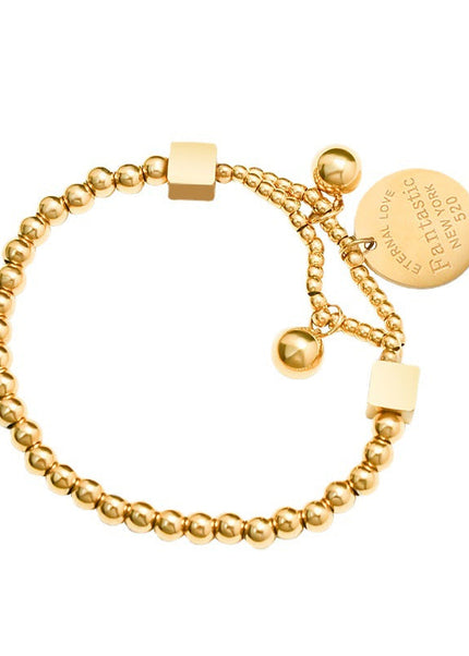 Korean Vintage Titanium Steel Bracelet 18K Gold Plated Steel Beads Love Medal Elastic Line Double Stacked Bracelet Hand Jewelry