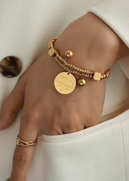 Korean Vintage Titanium Steel Bracelet 18K Gold Plated Steel Beads Love Medal Elastic Line Double Stacked Bracelet Hand Jewelry