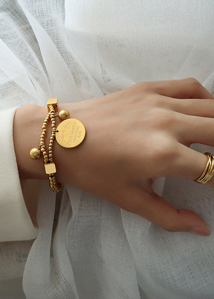 Korean Vintage Titanium Steel Bracelet 18K Gold Plated Steel Beads Love Medal Elastic Line Double Stacked Bracelet Hand Jewelry