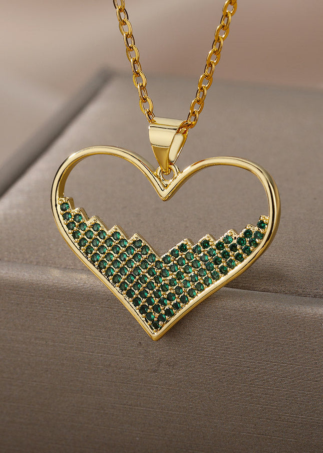 SOUVOIR Green SOUVOIR Necklaces Labasa Pendant Necklace | Gold Zirconia White Stone Heart Chain