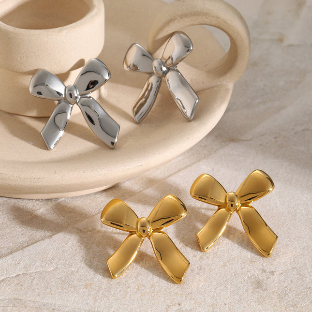 18k gold stainless steel stud earrings with the same glossy bow with a unique design titanium steel earrings