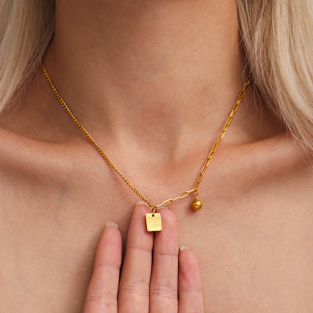 Mystery Li, square brand letter, Good Luck stitched chain, light luxury necklace, stainless steel, color-retaining clavicle necklace tide