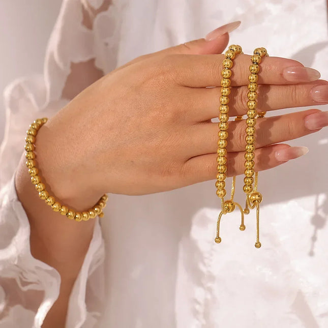 European and American style titanium steel bead bracelet gold ladies minimalist metal texture bead pull-back buckle bracelet cross-border jewelry