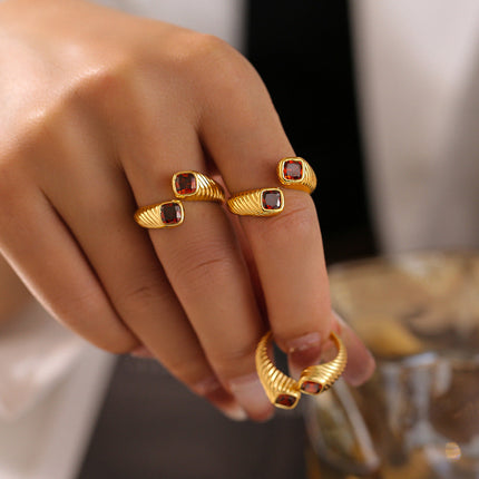 Retro European and American style geometric red zircon ring opening does not fade index finger ring light luxury cold wind copper material jewelry
