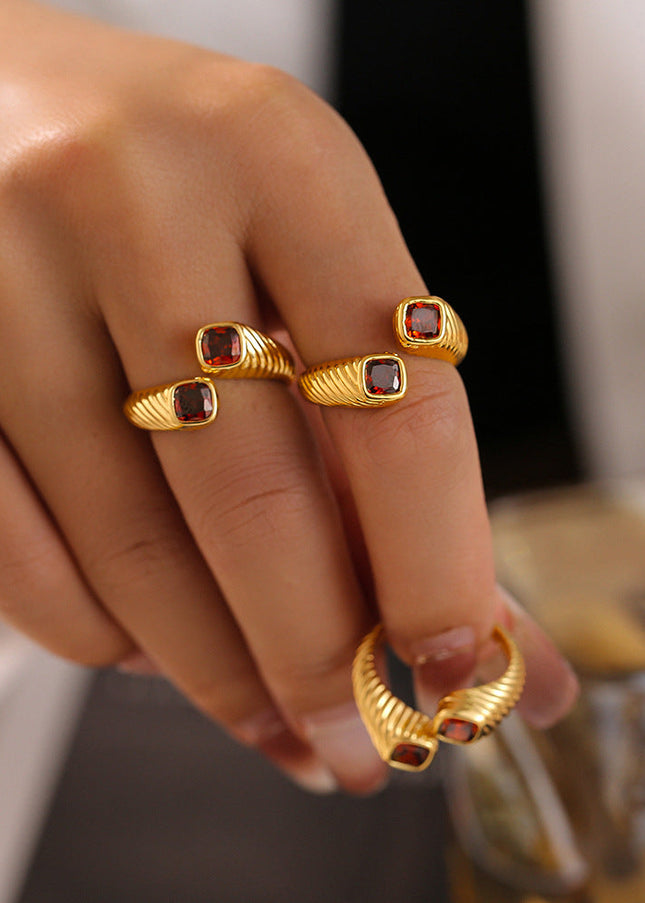 Retro European and American style geometric red zircon ring opening does not fade index finger ring light luxury cold wind copper material jewelry