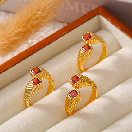 Retro European and American style geometric red zircon ring opening does not fade index finger ring light luxury cold wind copper material jewelry