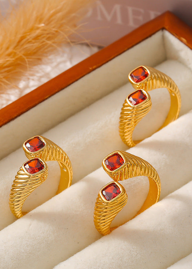 Retro European and American style geometric red zircon ring opening does not fade index finger ring light luxury cold wind copper material jewelry