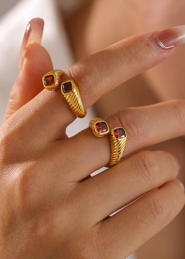 Retro European and American style geometric red zircon ring opening does not fade index finger ring light luxury cold wind copper material jewelry