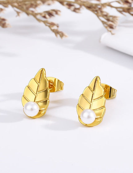 Lentle Earrings | Gold Leaf Pearl Stud Earrings - Gold - Earrings