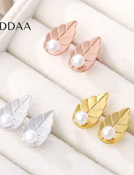 Lentle Earrings | Gold Leaf Pearl Stud Earrings - Silver - Earrings