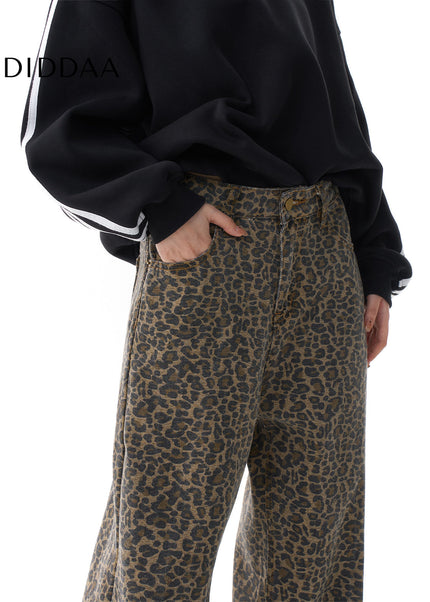 Leopard Print Loose Fit Wide Leg Jeans for Women - Women’s Jeans