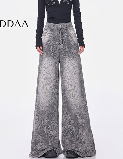 Leopard Print Loose Wide-Leg Jeans for Women - S / Grey - Women’s Jeans