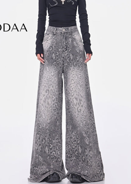Leopard Print Loose Wide-Leg Jeans for Women - S / Grey - Women’s Jeans