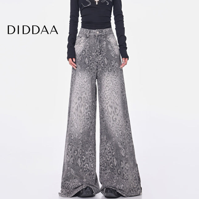 Leopard Print Loose Wide-Leg Jeans for Women - S / Grey - Women’s Jeans
