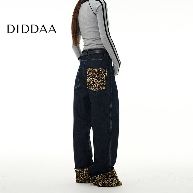 Leopard Print Luxury Straight Jeans for Couples - S / Black - Women’s Jeans