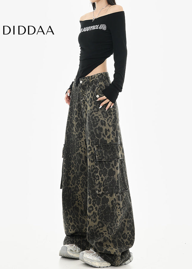 Leopard Print Multi-Pocket Wide-Leg Cargo Jeans - Women’s Jeans