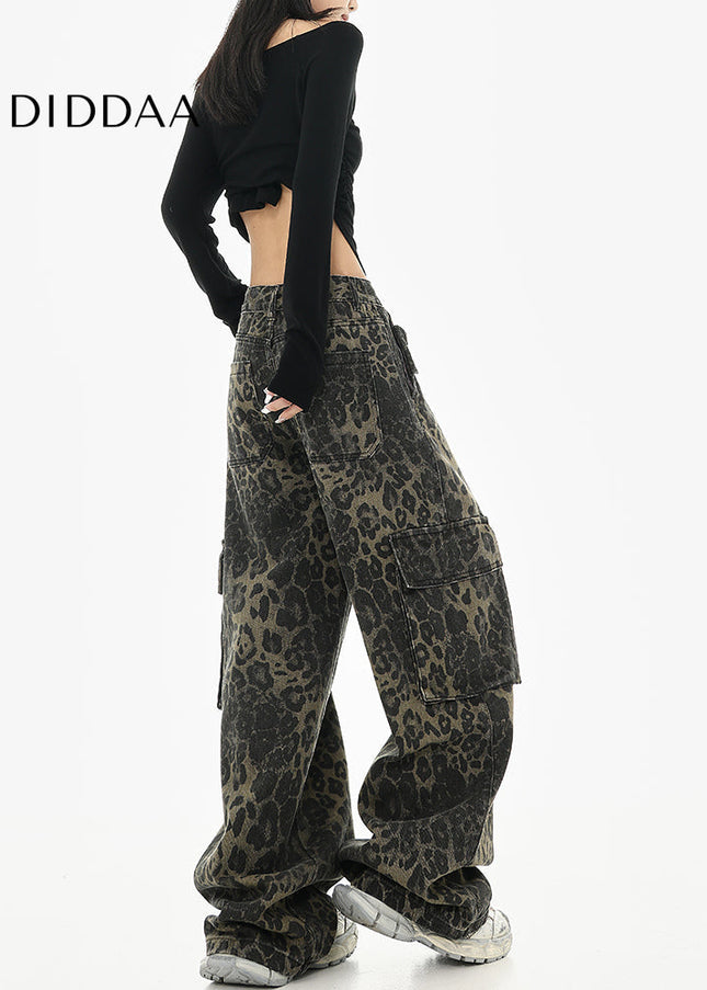 Leopard Print Multi-Pocket Wide-Leg Cargo Jeans - Women’s Jeans
