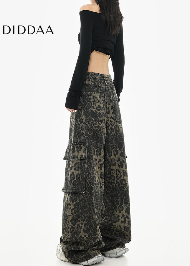 Leopard Print Multi-Pocket Wide-Leg Cargo Jeans - Women’s Jeans