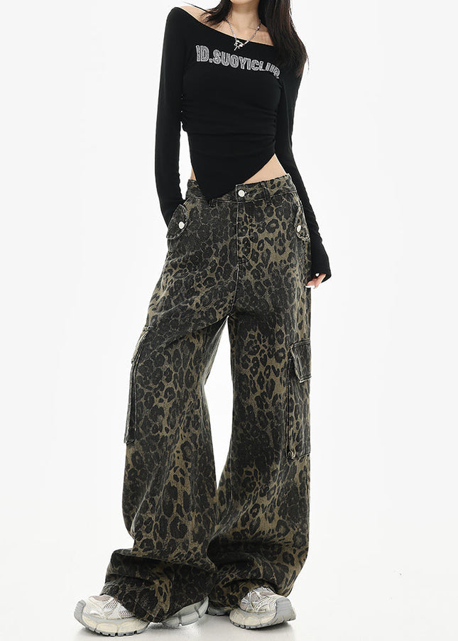 Leopard Print Multi-Pocket Wide-Leg Cargo Jeans - Women’s Jeans