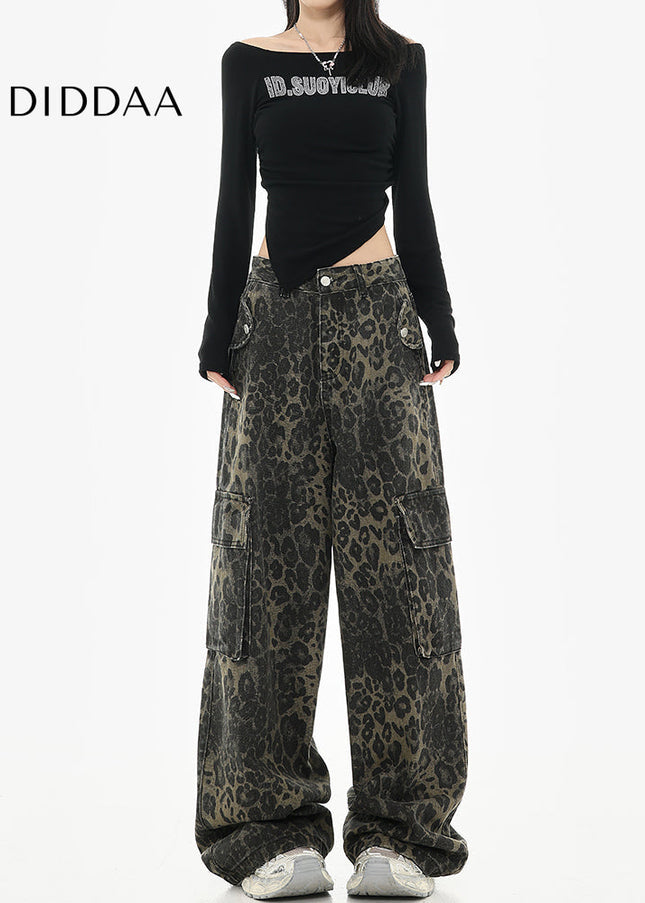Leopard Print Multi-Pocket Wide-Leg Cargo Jeans - Women’s Jeans