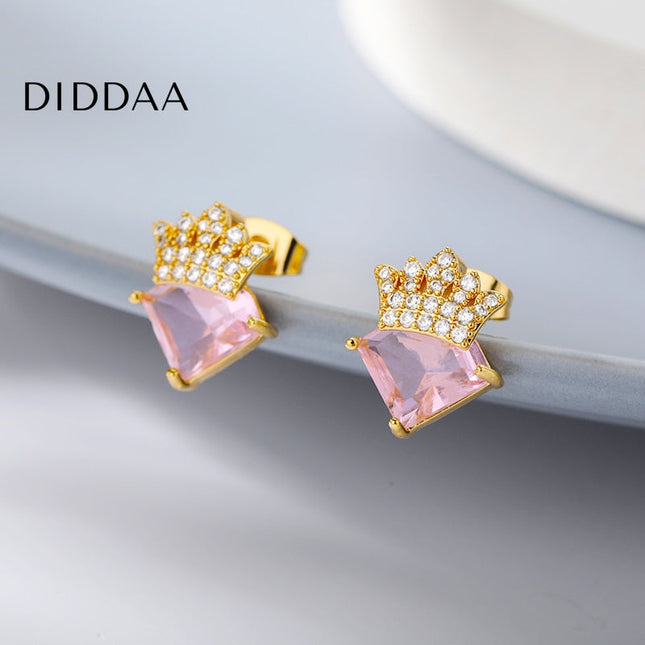 Liana Earrings | Gold Pink Zirconia Crown Diamond Stud Earrings - Earrings