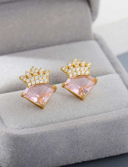Liana Earrings | Gold Pink Zirconia Crown Diamond Stud Earrings - Gold - Earrings