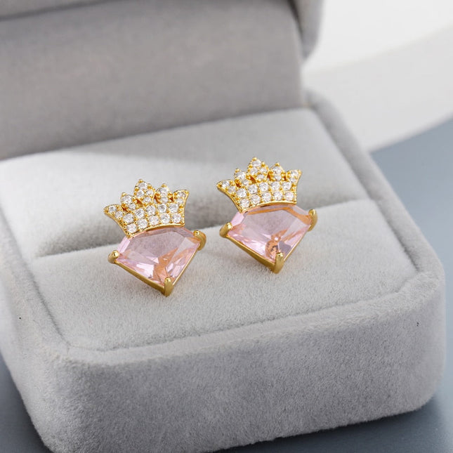 Liana Earrings | Gold Pink Zirconia Crown Diamond Stud Earrings - Gold - Earrings