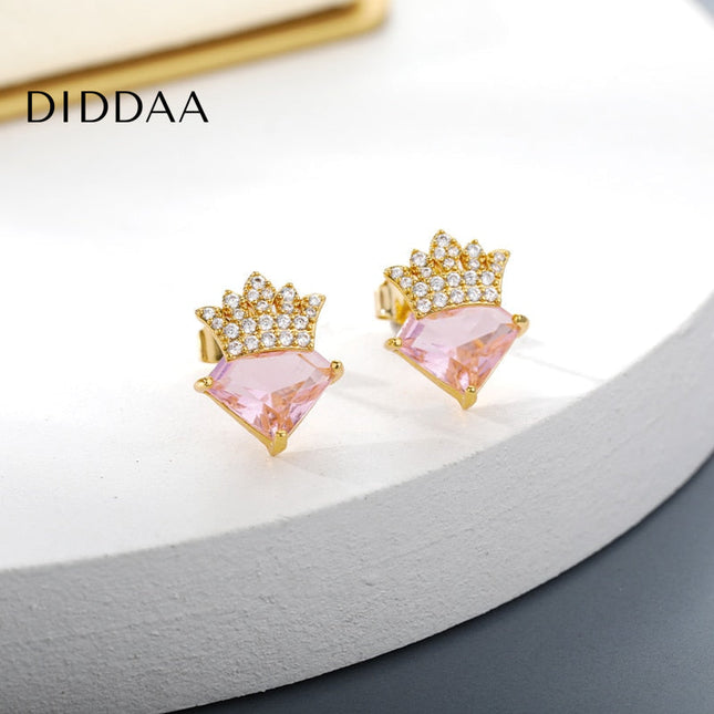 Liana Earrings | Gold Pink Zirconia Crown Diamond Stud Earrings - Earrings